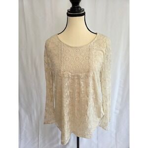 Indigo Soul Lace Floral Boho Long Sleeve Top Cream Ivory Women's Size L